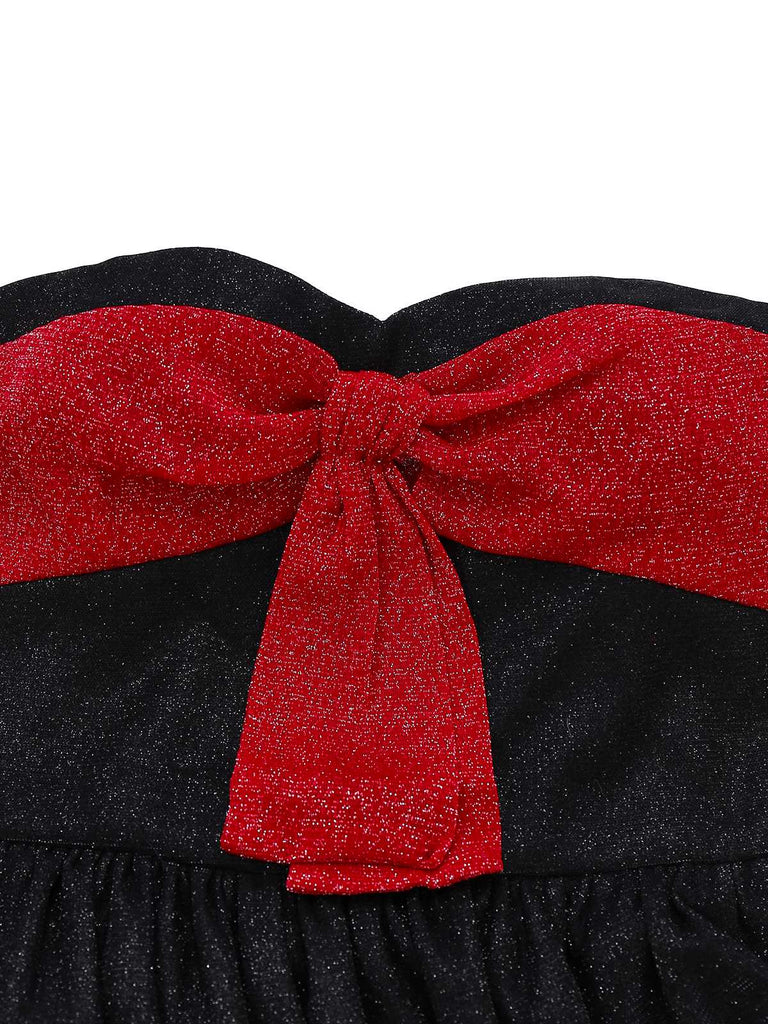 [Pre-Sale] Black 1960s Bow Ruched Strapless Glitter Tulip Dress