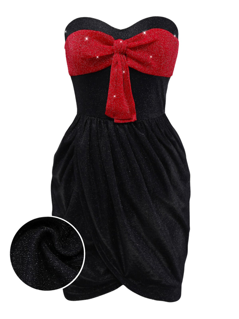 [Pre-Sale] Black 1960s Bow Ruched Strapless Glitter Tulip Dress