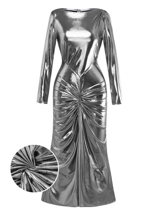 [Pre-Sale] Silver 1970s Metallic Twist Boat Neck Slit Dress