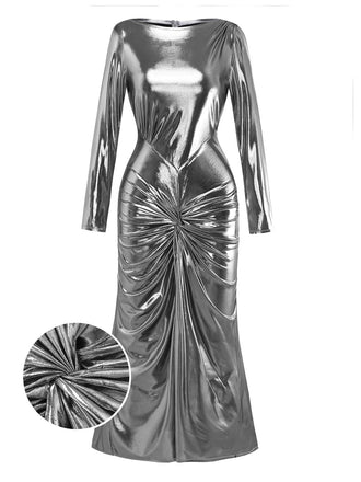 [Pre-Sale] Silver 1970s Metallic Twist Boat Neck Slit Dress