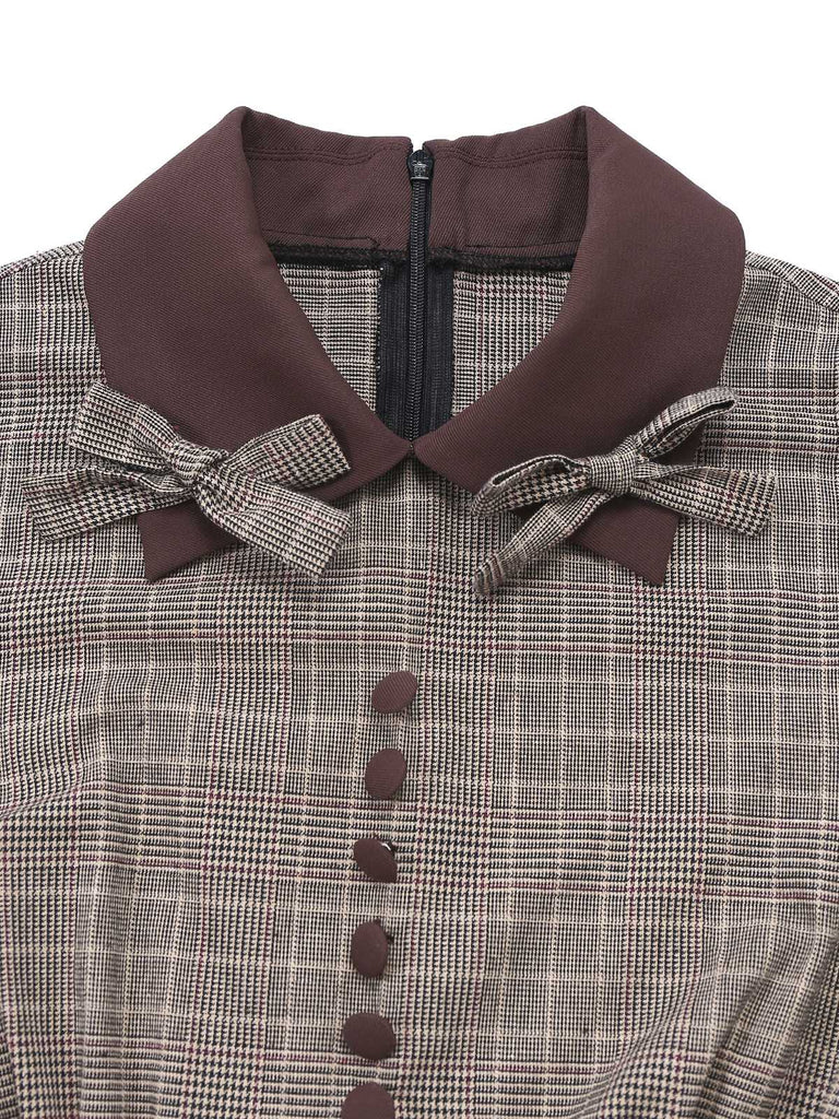 [Pre-Sale] Brown 1950s Lapel Plaid Bow Dress