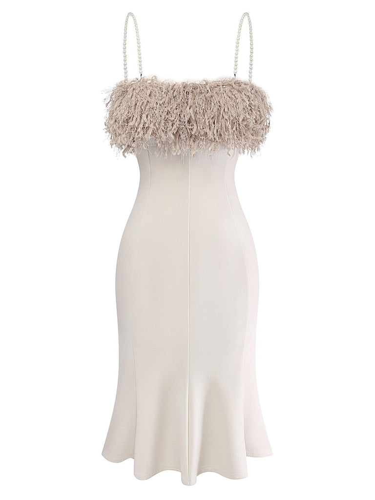 [Pre-Sale] Khaki 1930s Faux Ostrich Feather Knitted Fishtail Dress