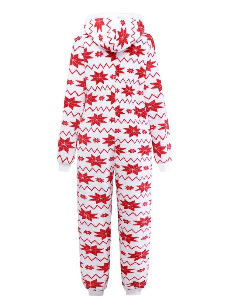 Red 1980s Christmas Print Flannel Hooded Pajama Jumpsuit