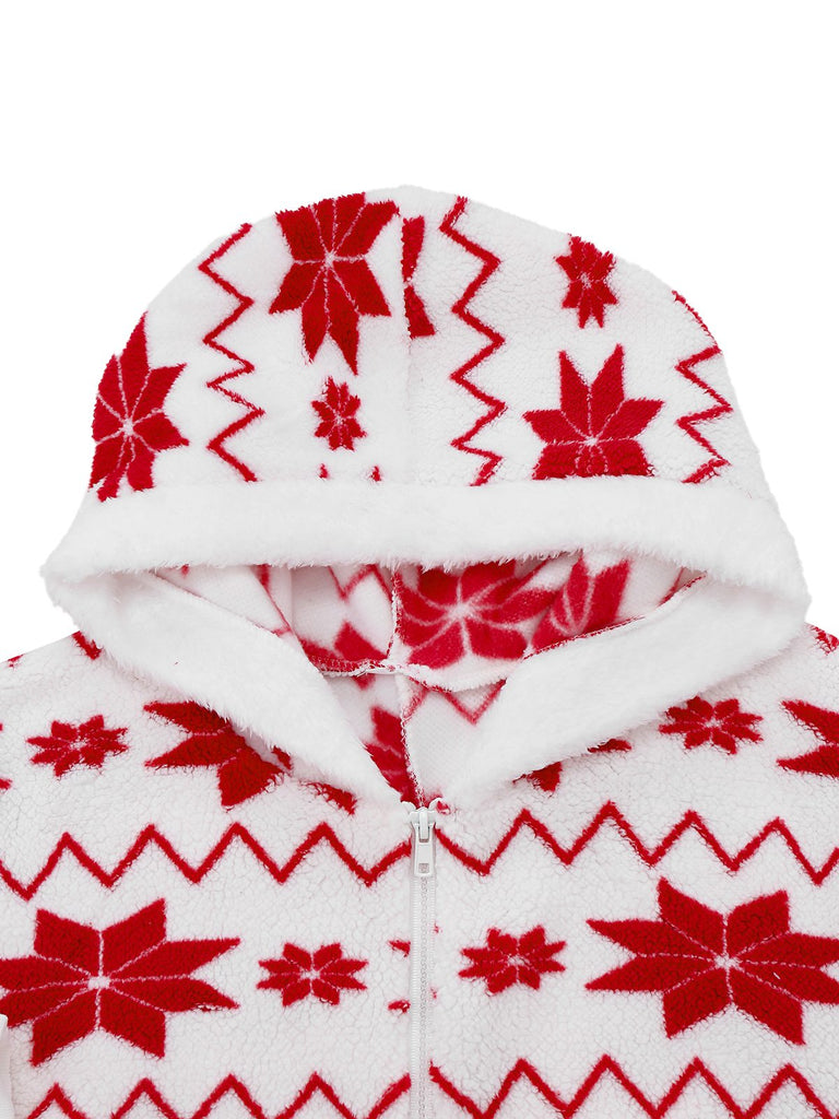 Red 1980s Christmas Print Flannel Hooded Pajama Jumpsuit