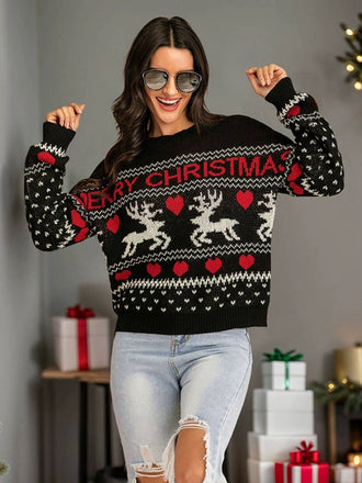 Black 1930s Merry Christmas Reindeer Hearts Sweater