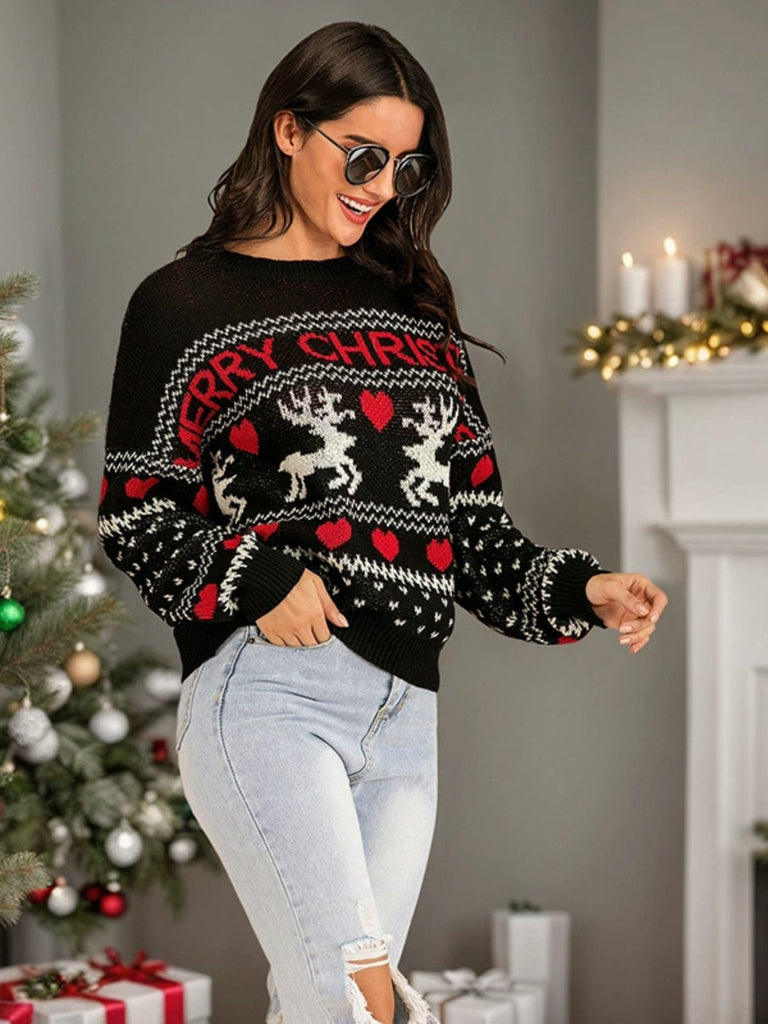 Black 1930s Merry Christmas Reindeer Hearts Sweater