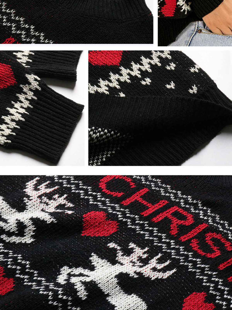 Black 1930s Merry Christmas Reindeer Hearts Sweater
