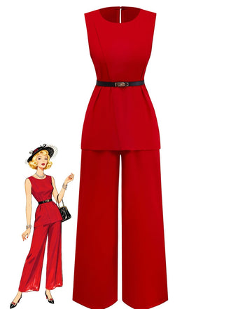 2PCS 1960s Sleeveless Vest & Belted Waist Pants