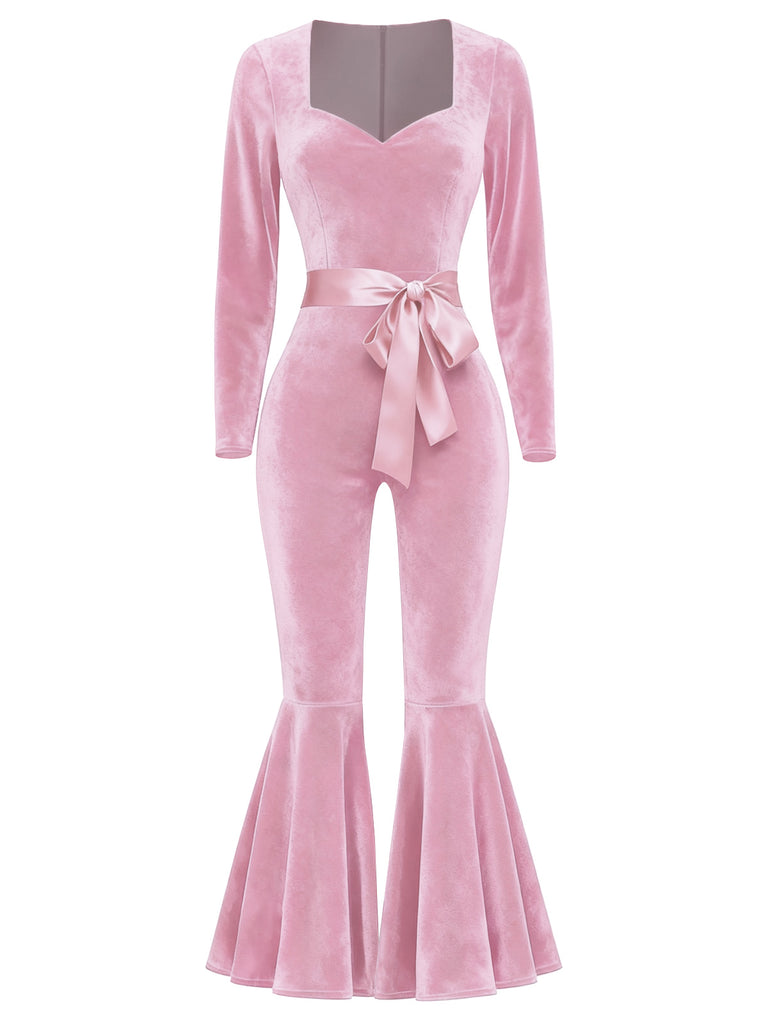 [Pre-Sale] Pink 1970s Sweetheart Flare Leg Velvet Jumpsuit