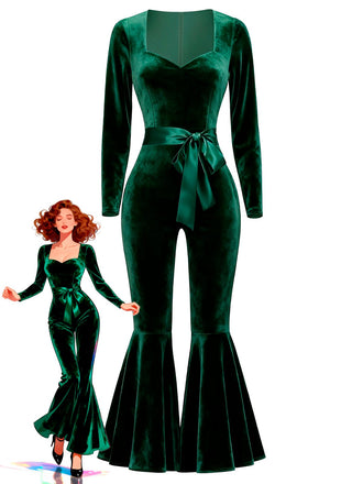 [Pre-Sale] Green 1970s Sweetheart Flare Leg Velvet Jumpsuit