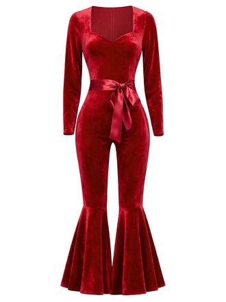[Pre-Sale] Red 1970s Sweetheart Flare Leg Velvet Jumpsuit