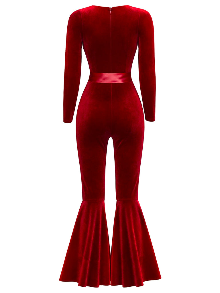 [Pre-Sale] Pink 1970s Sweetheart Flare Leg Velvet Jumpsuit