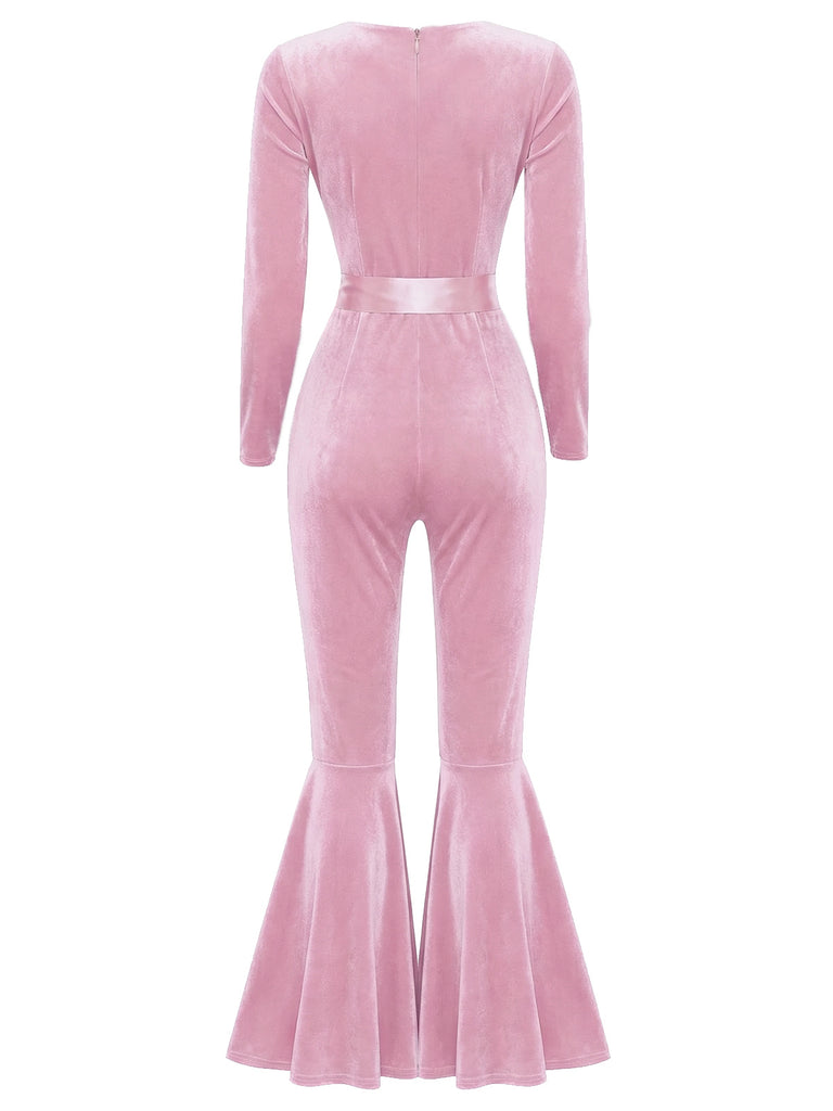 [Pre-Sale] Pink 1970s Sweetheart Flare Leg Velvet Jumpsuit