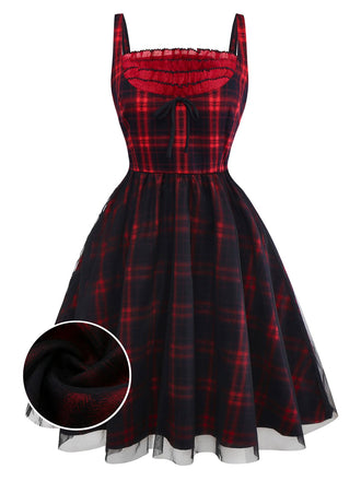 [Pre-Sale] Red & Black 1950s Plaid Bow Mesh Dress