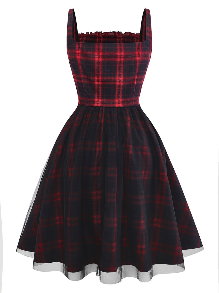 [Pre-Sale] Red & Black 1950s Plaid Bow Mesh Dress