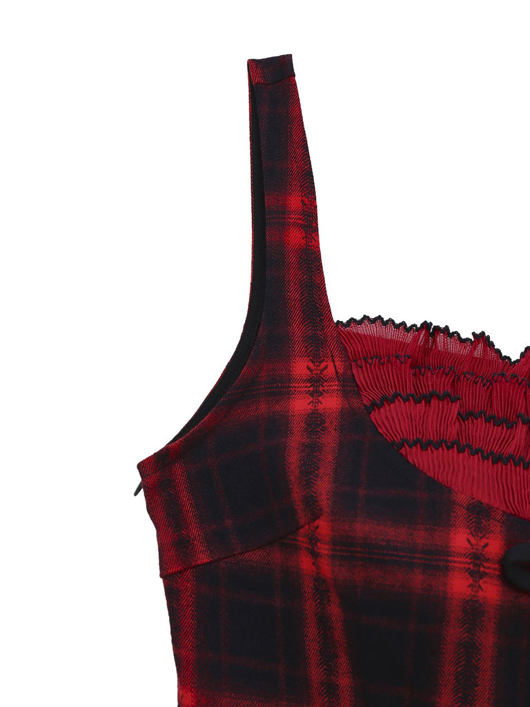 [Pre-Sale] Red & Black 1950s Plaid Bow Mesh Dress