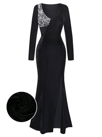 [Pre-Sale] Black 1930s Sequined Velvet Cutout Slit Fishtail Dress
