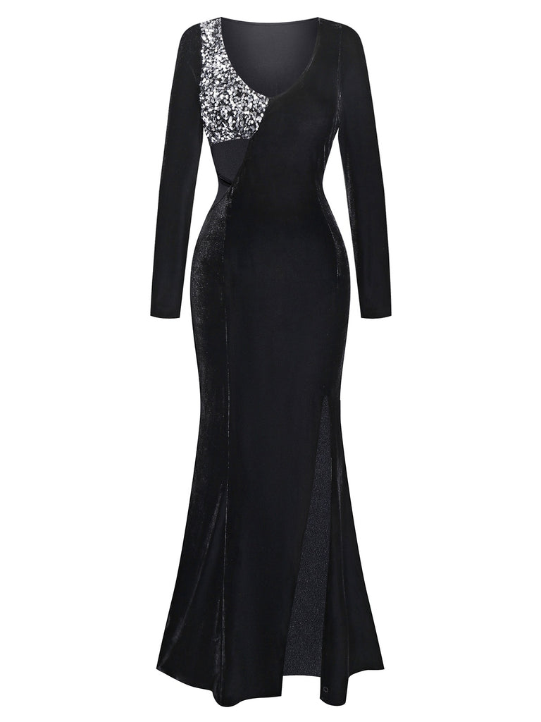 [Pre-Sale] Black 1930s Sequined Velvet Cutout Slit Fishtail Dress