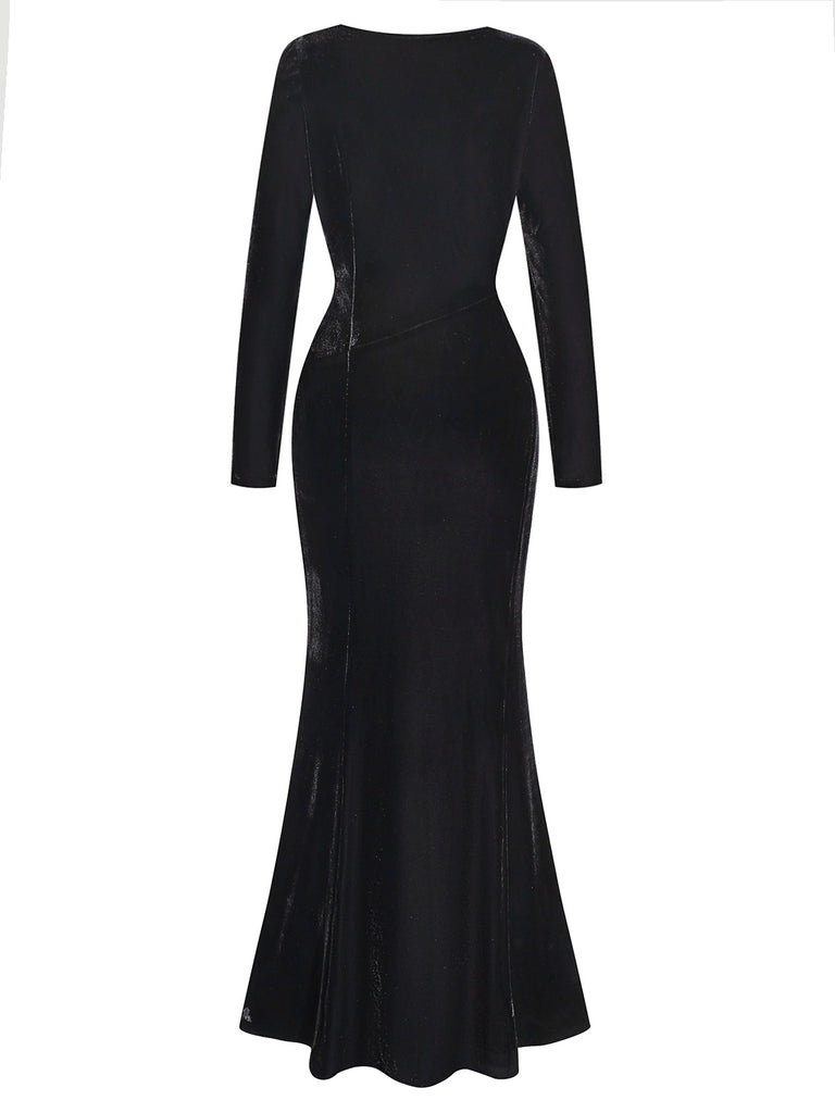 [Pre-Sale] Black 1930s Sequined Velvet Cutout Slit Fishtail Dress