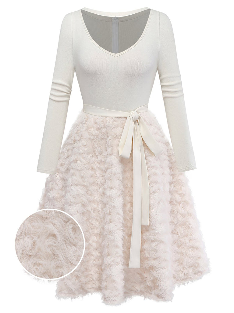 [Pre-Sale] Beige 1950s Keyhole Bow Knit Plush Patchwork Dress