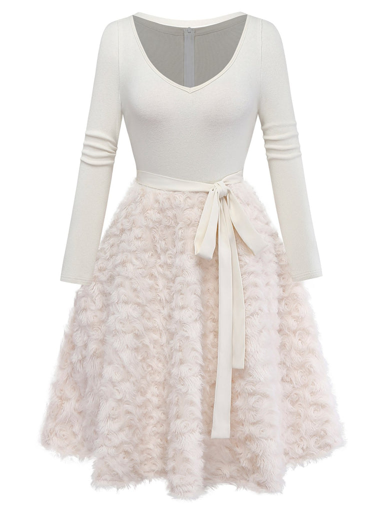 [Pre-Sale] Beige 1950s Keyhole Bow Knit Plush Patchwork Dress