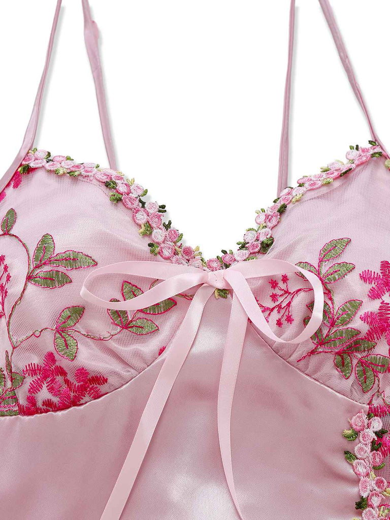 [Pre-Sale] Pink 1950s Embroidered Floral Mesh Satin Nightgown