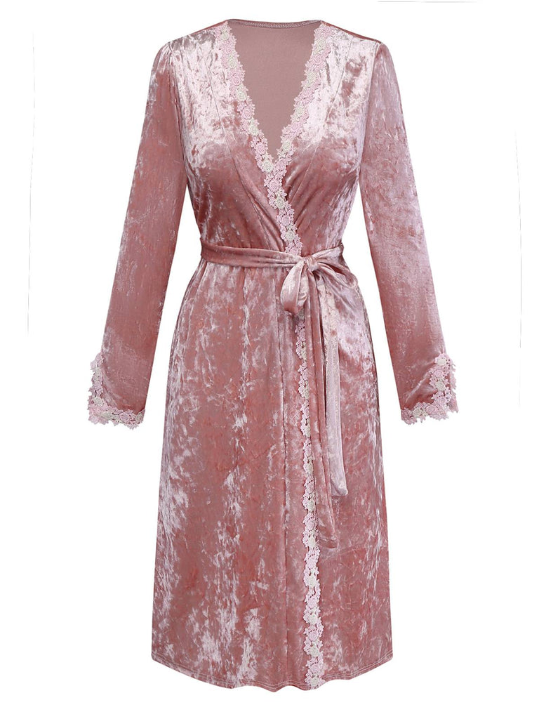 [Pre-Sale] Pink 1930s Velvet Lace Floral Embroidered Robe