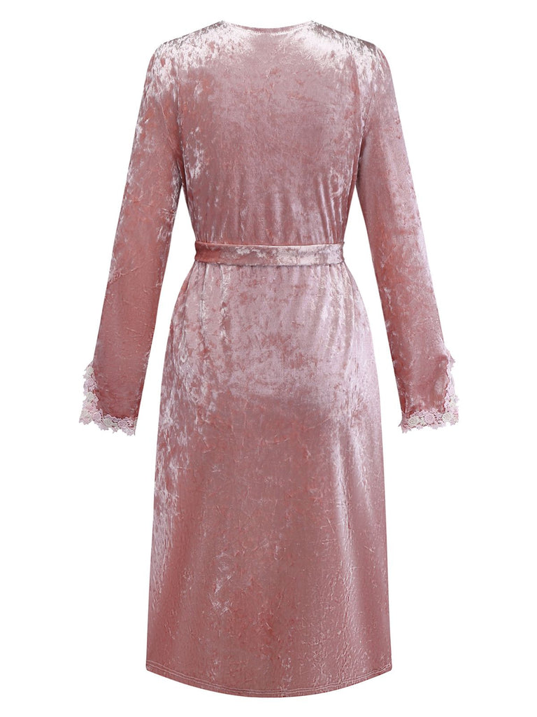 [Pre-Sale] Pink 1930s Velvet Lace Floral Embroidered Robe