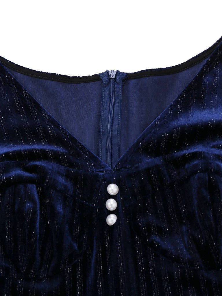 [Pre-Sale] Blue 1960s V-Neck Glitter Velvet Pencil Dress