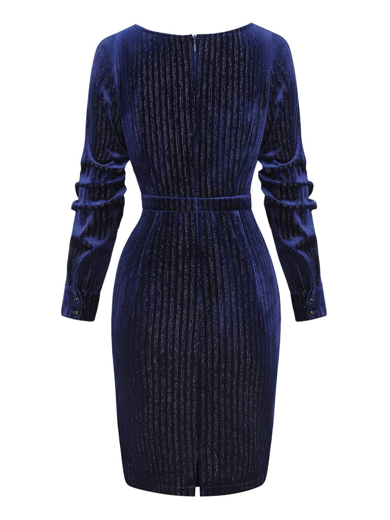 [Pre-Sale] Blue 1960s V-Neck Glitter Velvet Pencil Dress