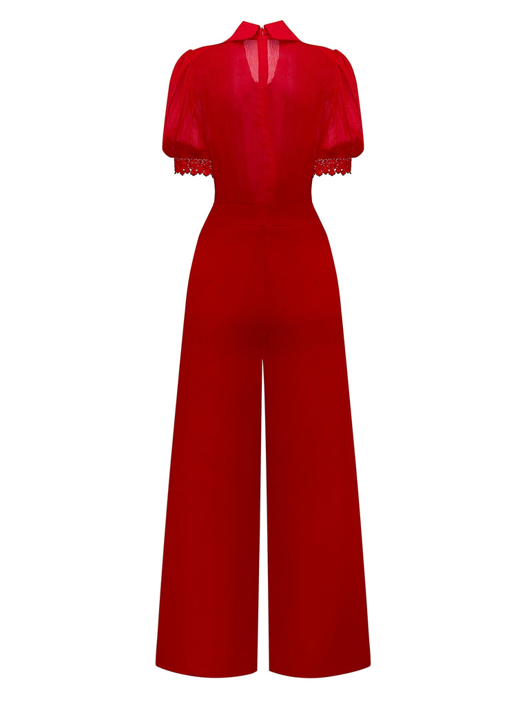 1950s Solid Lapel Floral Lace Tie Neck Jumpsuit