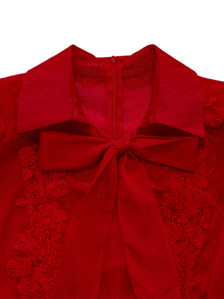 1950s Solid Lapel Floral Lace Tie Neck Jumpsuit