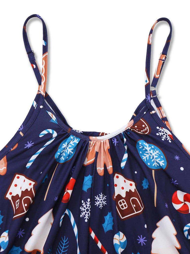 Blue 1930s Christmas Elements Printed Straps Jumpsuit