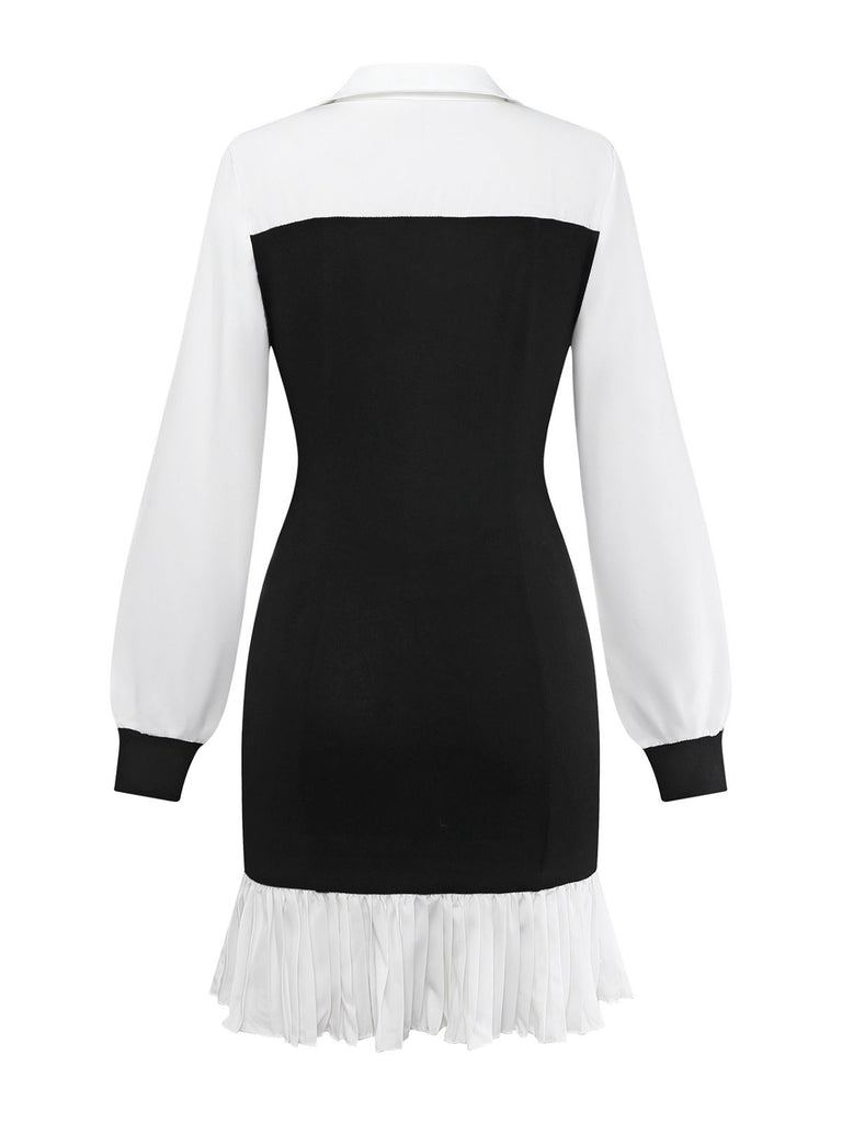 Black & White 1960s Colorblock Pleated Lapel Dress
