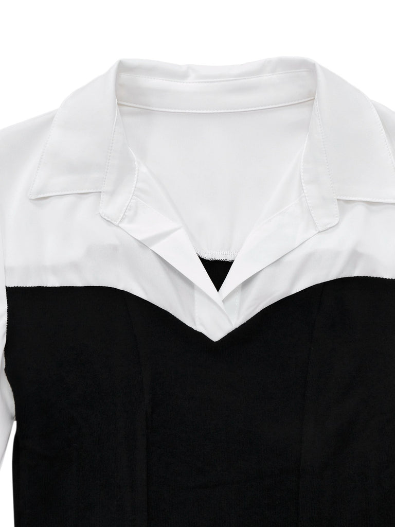 Black & White 1960s Colorblock Pleated Lapel Dress