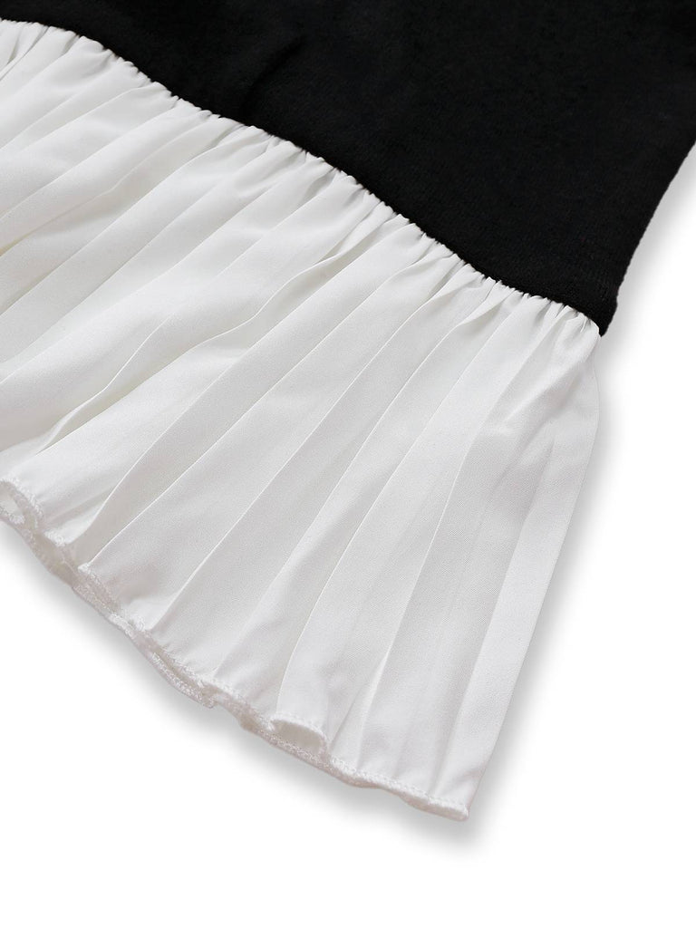 Black & White 1960s Colorblock Pleated Lapel Dress