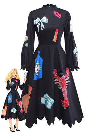 Black 1950s Lobster Zigzag Neck Lantern Sleeve Dress