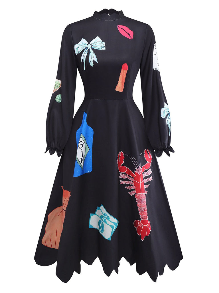 Black 1950s Lobster Zigzag Neck Lantern Sleeve Dress