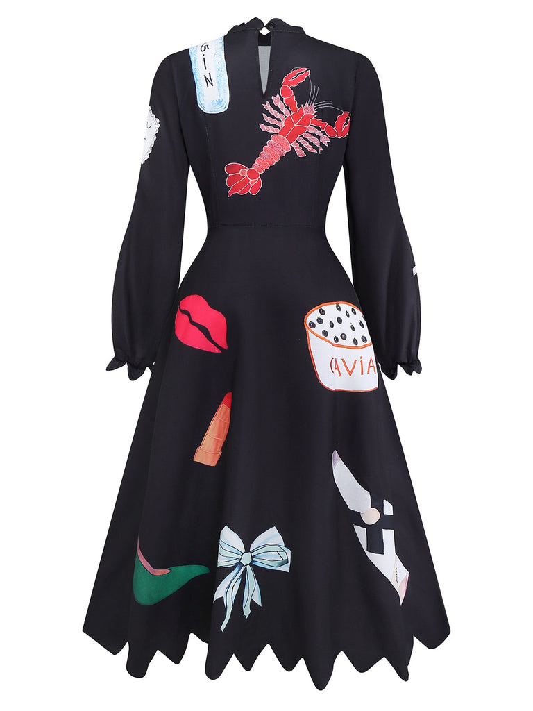 Black 1950s Lobster Zigzag Neck Lantern Sleeve Dress