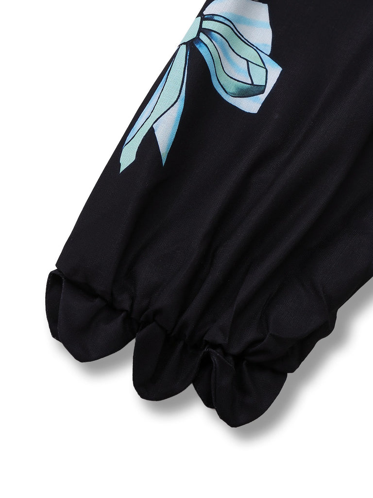 Black 1950s Lobster Zigzag Neck Lantern Sleeve Dress