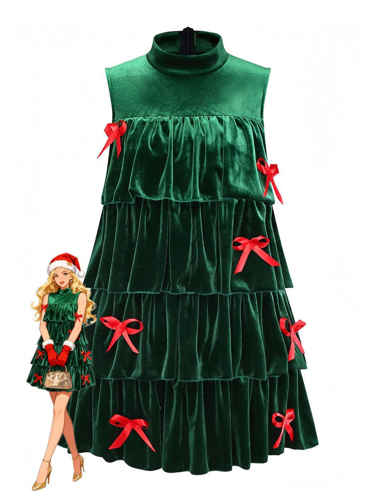Green 1960s Velvet Bowknot Stand Collar Tiered Dress