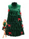 Green 1960s Velvet Bowknot Stand Collar Tiered Dress