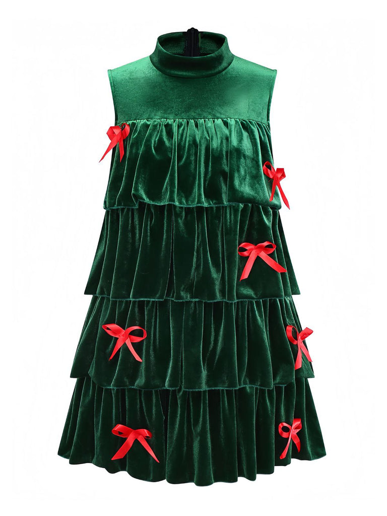Green 1960s Velvet Bowknot Stand Collar Tiered Dress