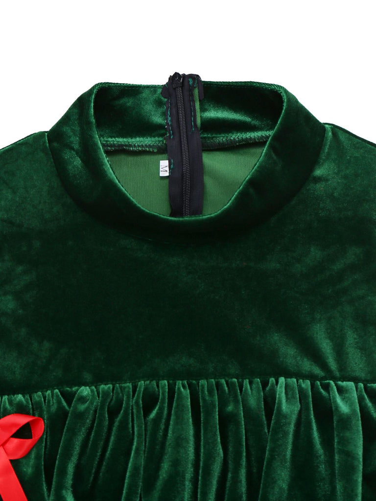 Green 1960s Velvet Bowknot Stand Collar Tiered Dress