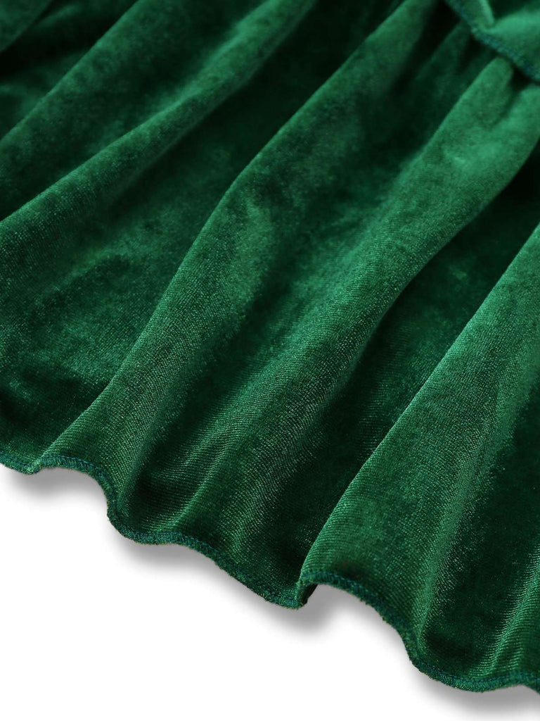 Green 1960s Velvet Bowknot Stand Collar Tiered Dress