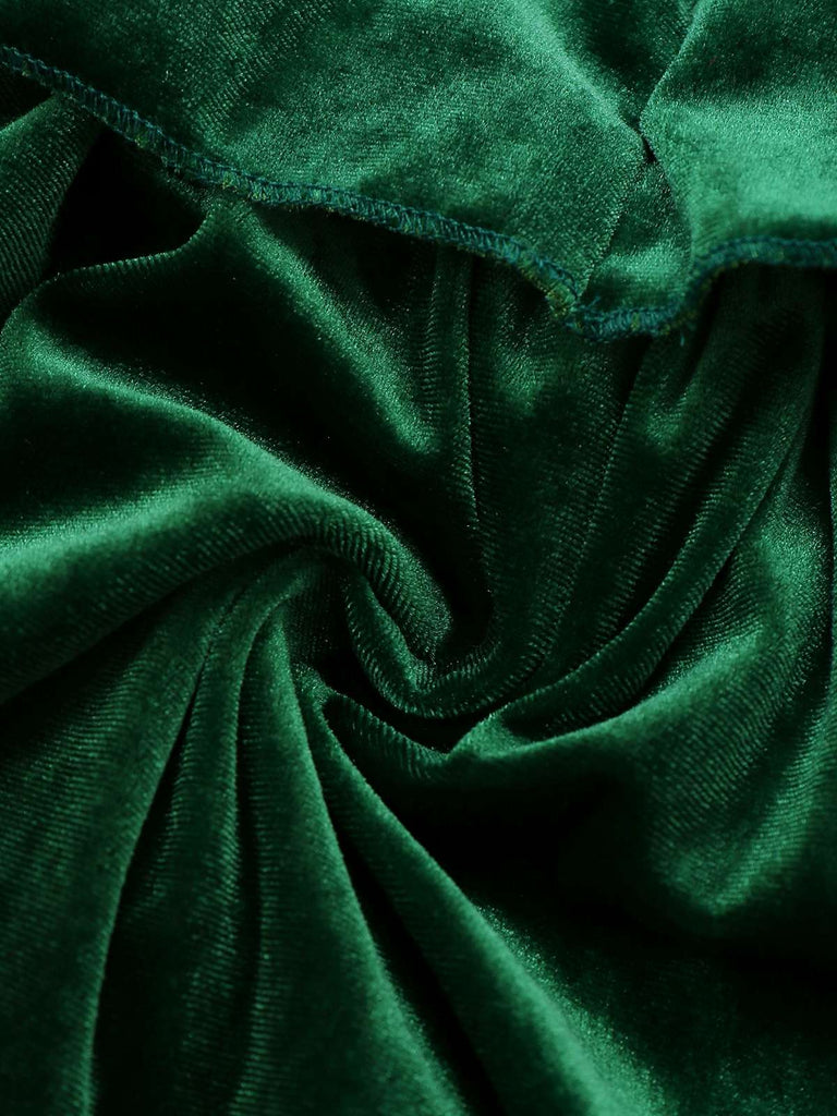 Green 1960s Velvet Bowknot Stand Collar Tiered Dress