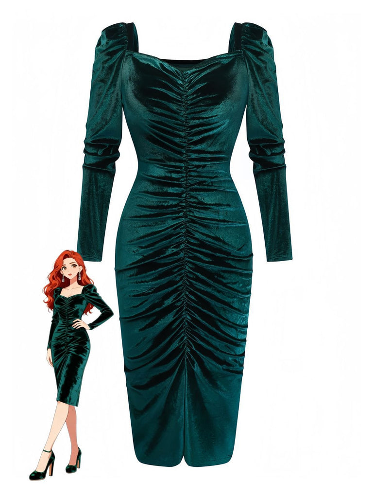 Green 1960s Velvet Ruched Long Sleeve Bodycon Dress