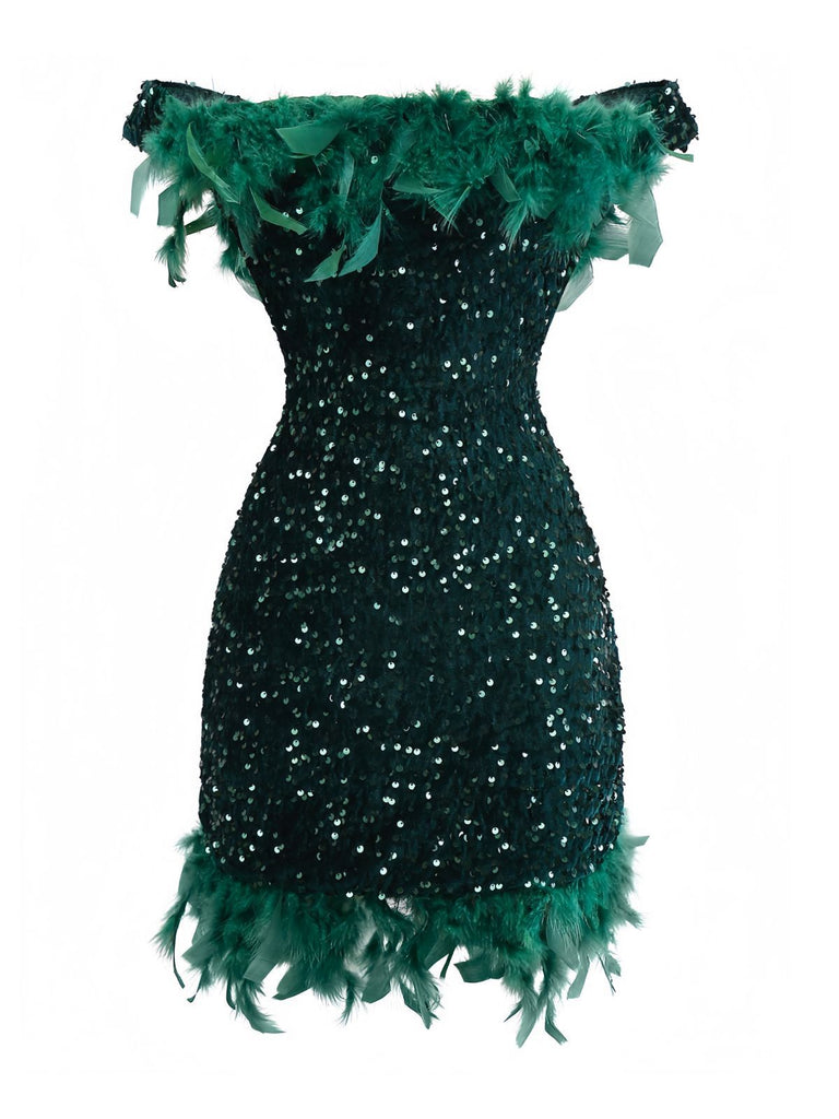 Green 1960s Off-Shoulder Sequined Feather Bodycon Dress