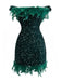 Green 1960s Off-Shoulder Sequined Feather Bodycon Dress