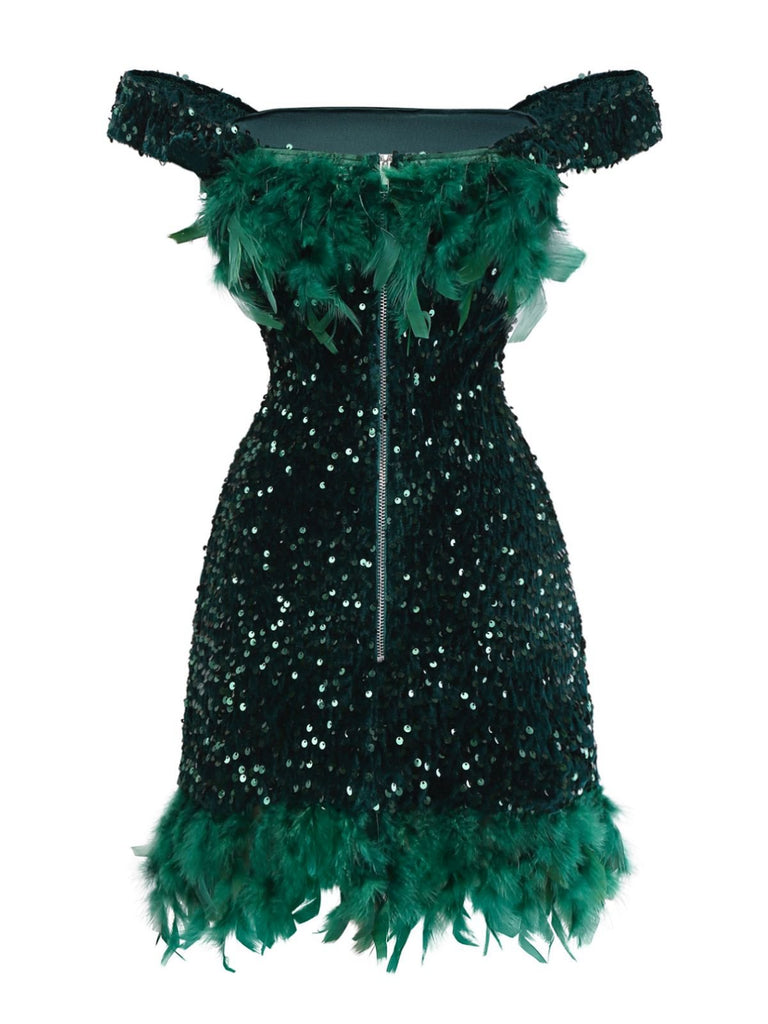 Green 1960s Off-Shoulder Sequined Feather Bodycon Dress